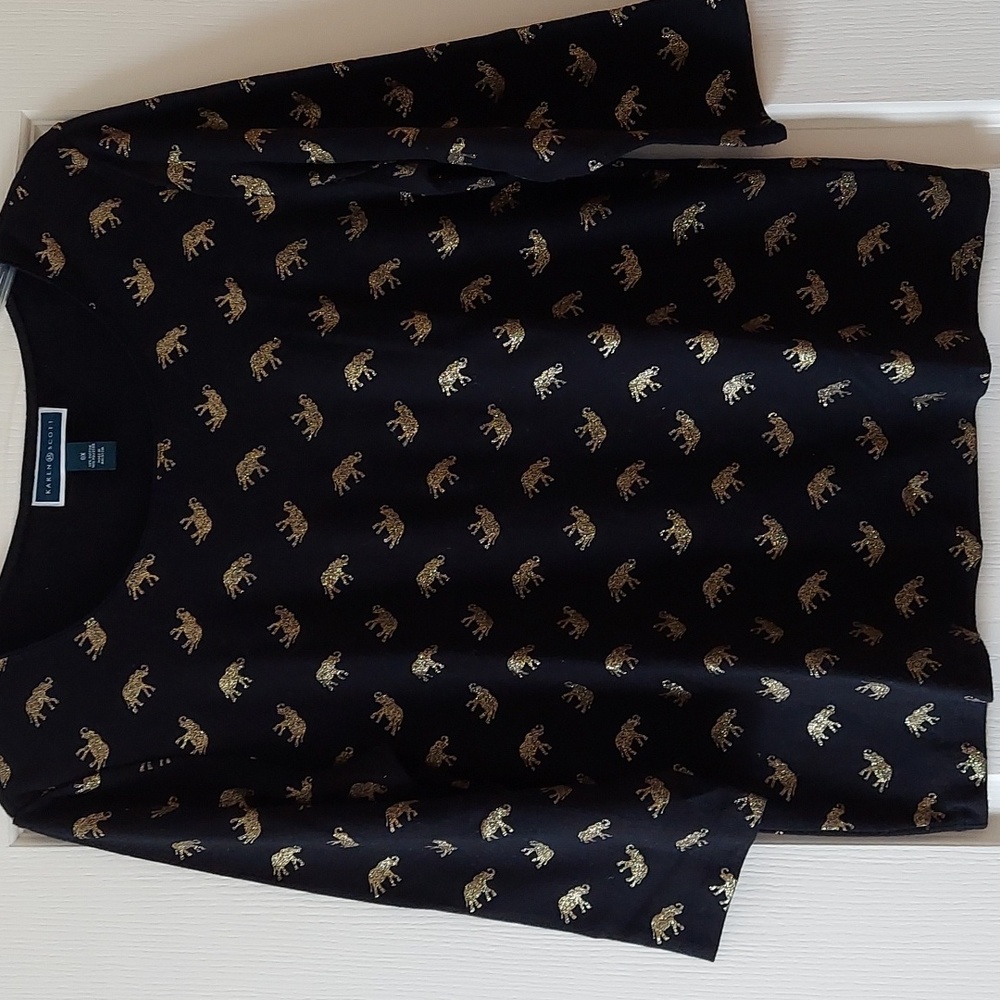 Lightweight black Top with with sparkly gold Elephant pattern Karen Scott